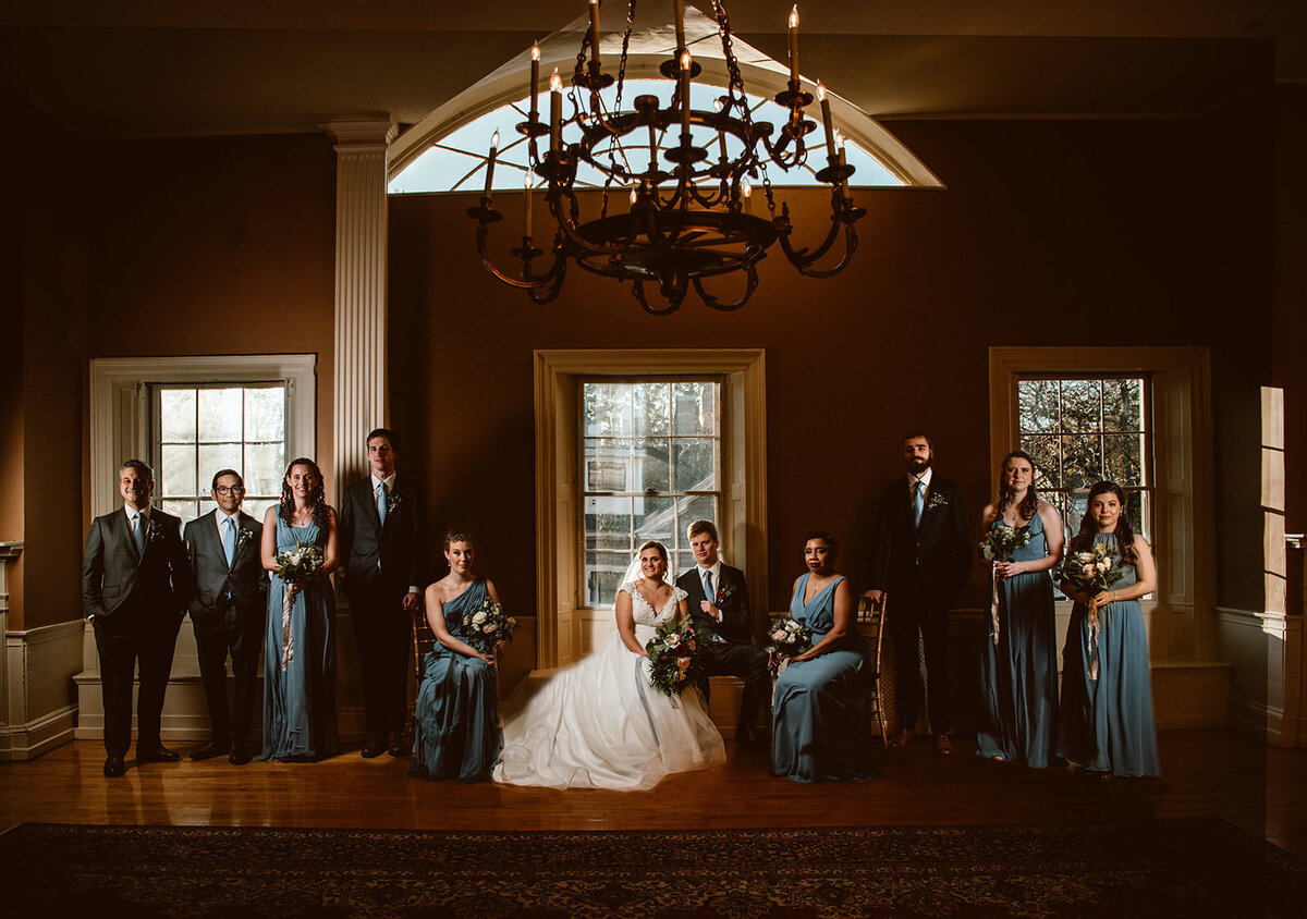 wedding party poses in elegant photography at hamilton hall wedding photo by cait fletcher photography