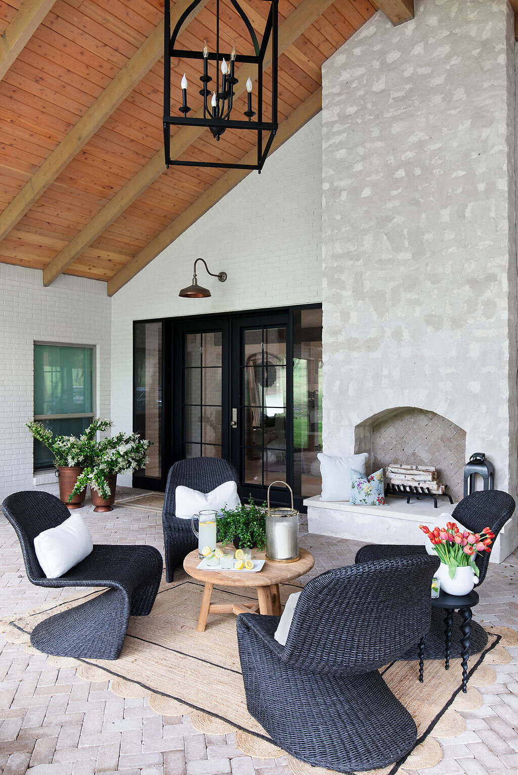 large outdoor seating area with fireplace