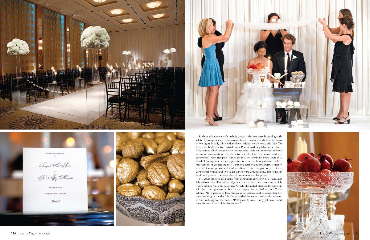 I don't even know how to put into words how excited we are to have Tanya and Pete's wedding at The Peninsula hotel in Chicago featured in the Fall 2011 Issue of Inside Weddings magazine. It's one of the best wedding magazines in the world to draw inspiration from as a bride. We can't thank. the beautiful Marilyn Oliveira, Art Scangas, and Walt Shepard enough for this incredible honor. Truly., Bob and I are so excited...!!! Click here for a list of vendors.