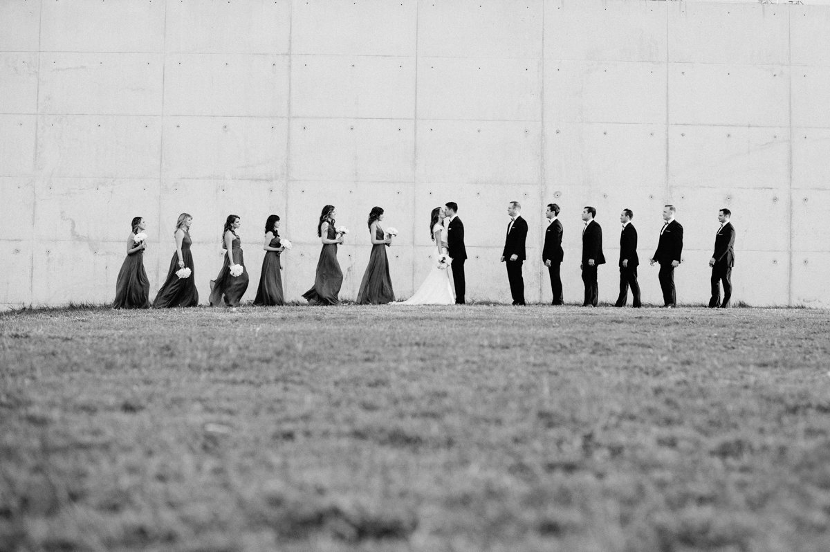 Creative and unique black and white bridal partty photo in Liberty State Park