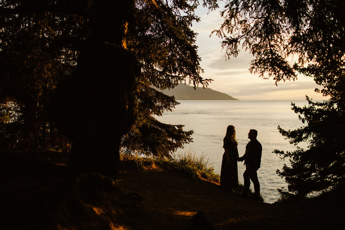 silhouetted couple surrounded by trees at beluga point
