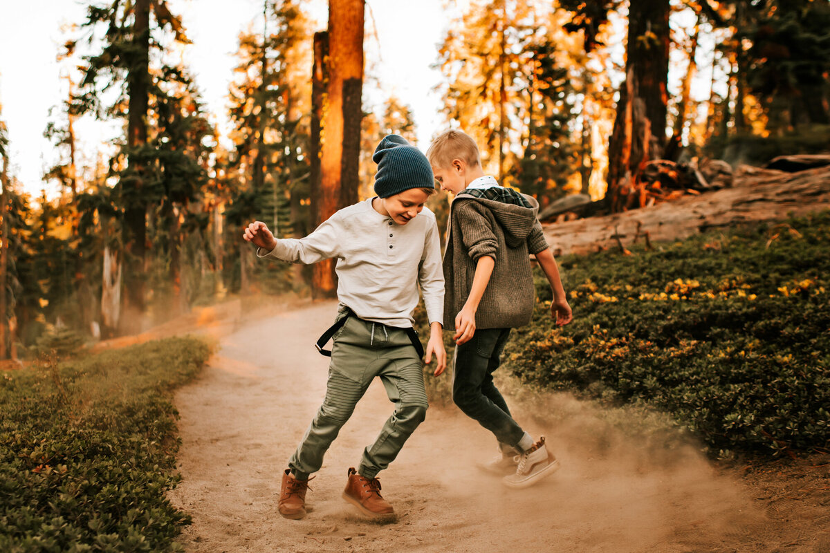 Family Photographer, Two brothers running around making dust in the forest.