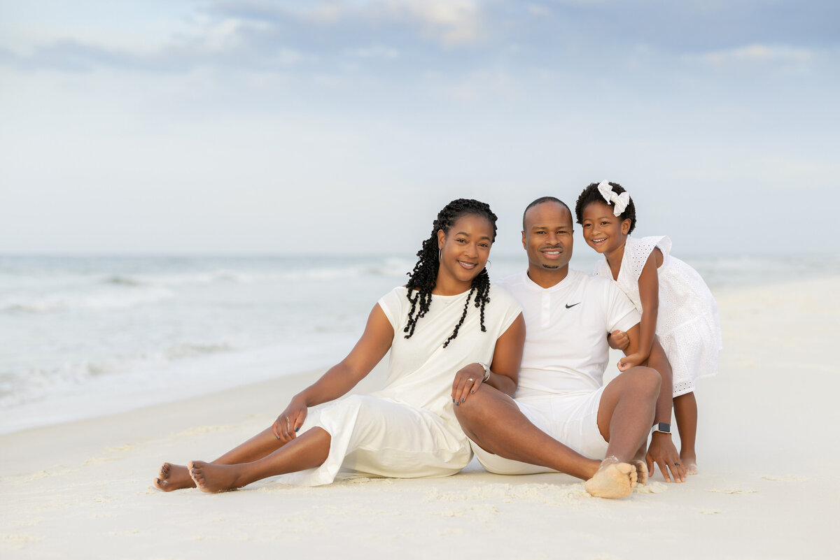 A family sitting at the beach together smiling