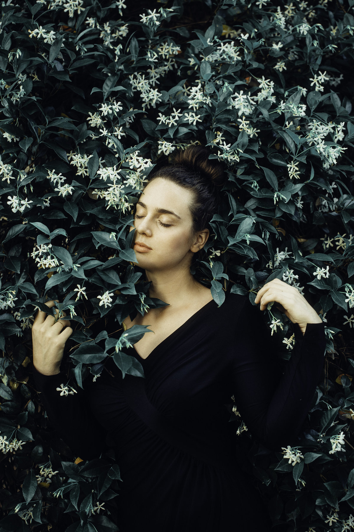 Colorful Photo Portrait Of Woman In Shrubbery