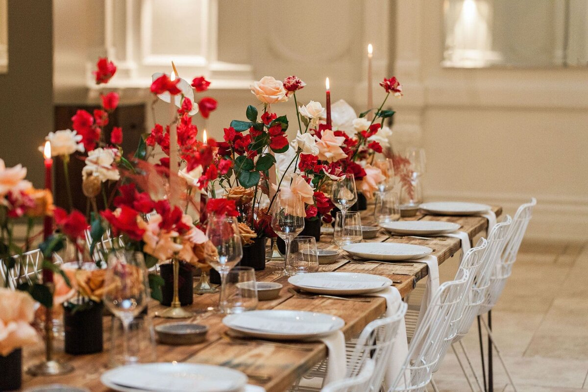 Pink and red wedding tablescape