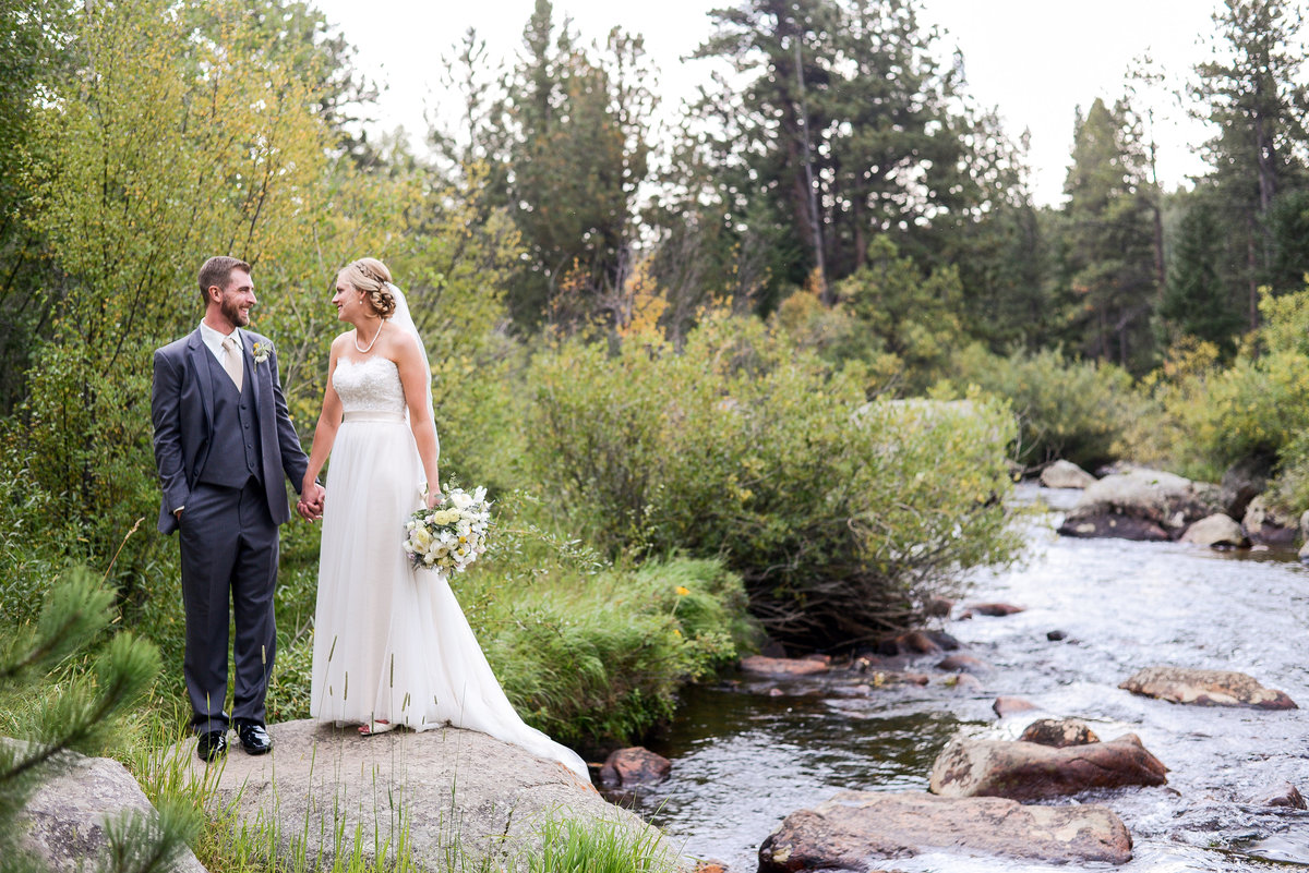 Bride and groom near Colorado river, Estes Park Photography