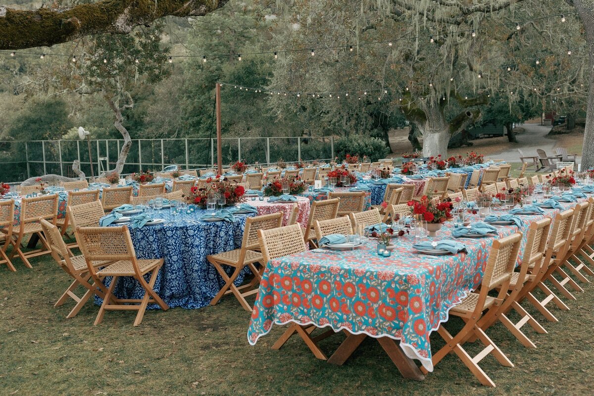 Carmel California Outdoor Wedding Dinner Red Blue