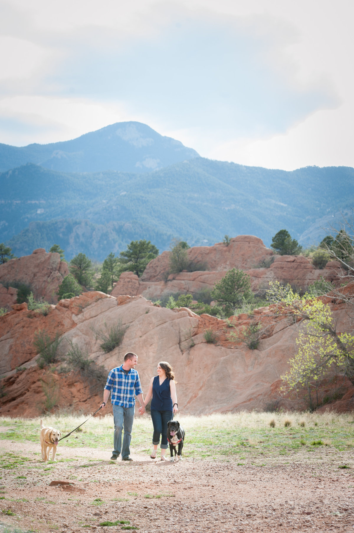 Engaged couple with dogs and Pikes Peak