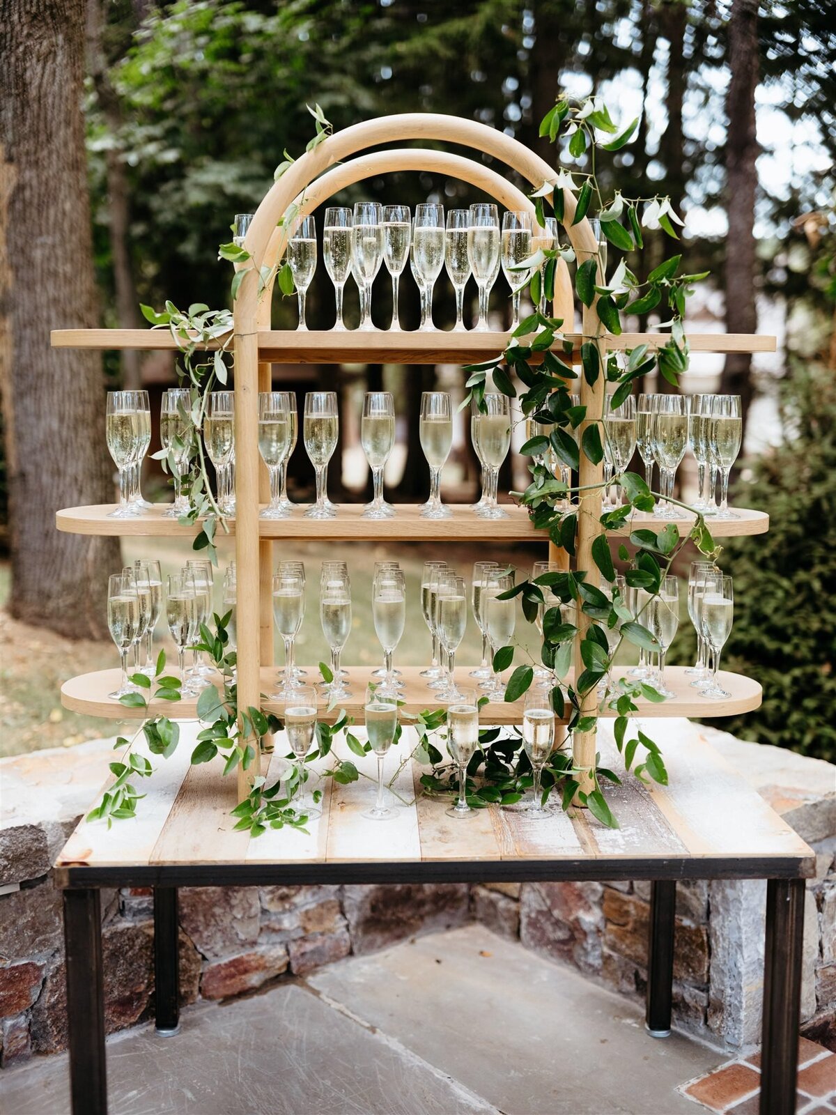 Champagne glass display at Cedar Lakes Estate Wedding venue in Hudson Valley