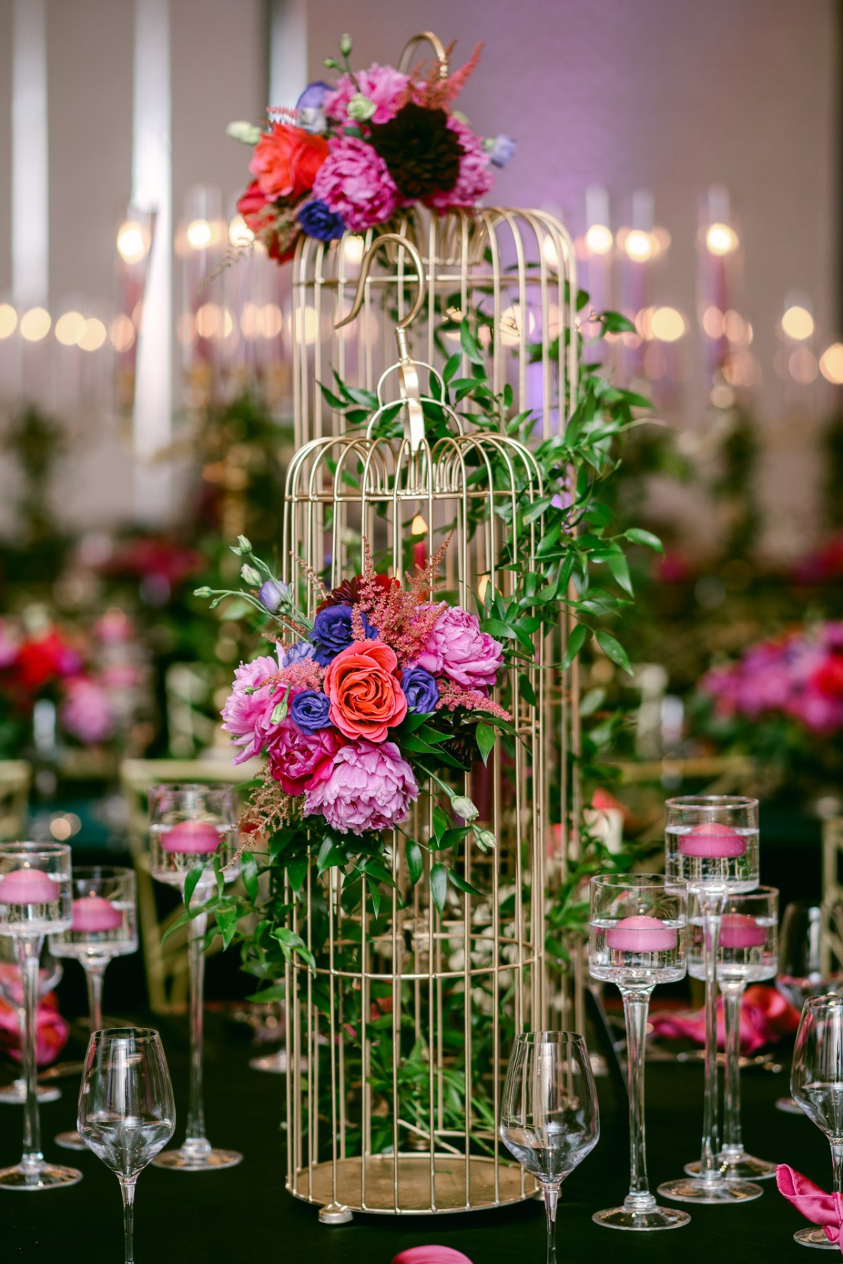 secret-garden-wedding-reception-greenery-pink-purple-gold-birdcage-centerpiece