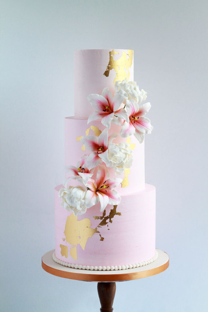 pink ombre wedding cake with sugar lillies, Hamilton ON wedding cakes