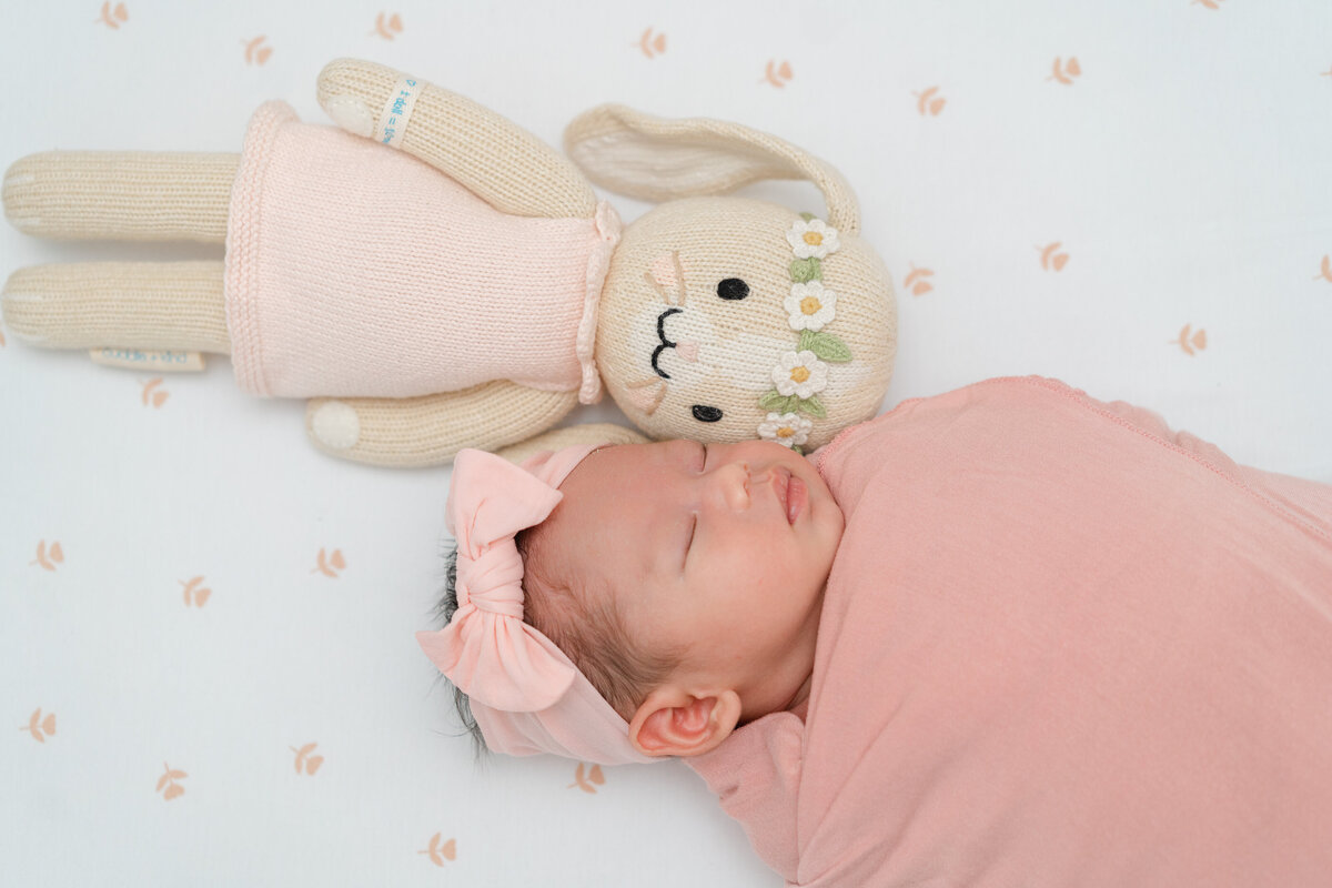 newborn baby girl with stuffed animal