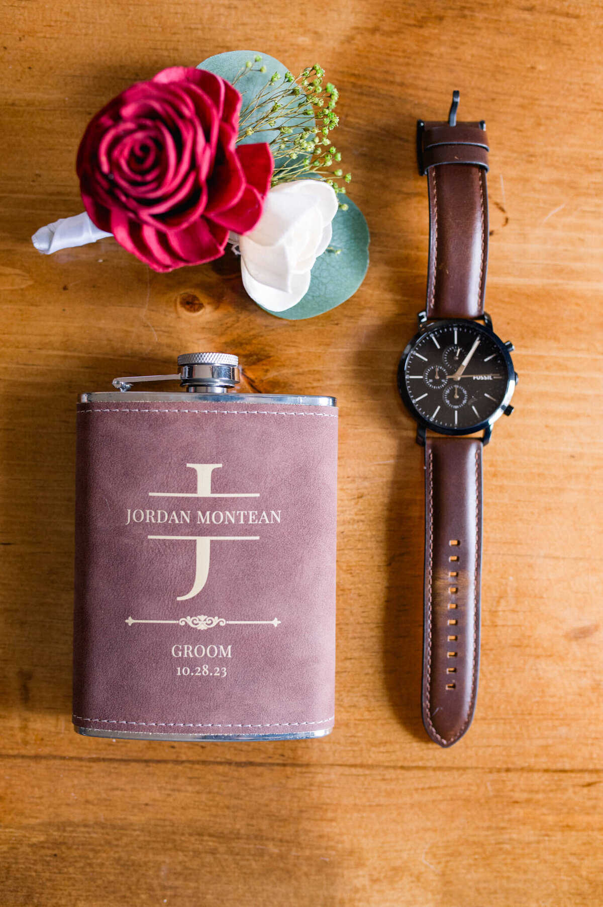 Flask watch and boutineer for grooms getting ready details