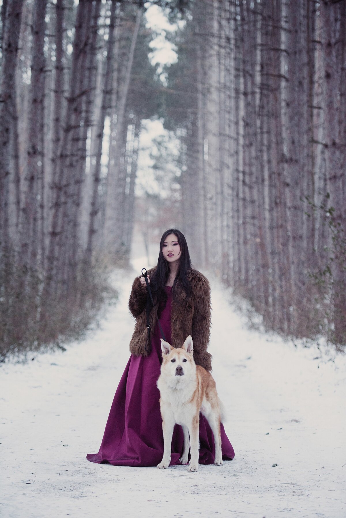 senior photo of girl with cranberry dress and fur coat in winter with dog and pines