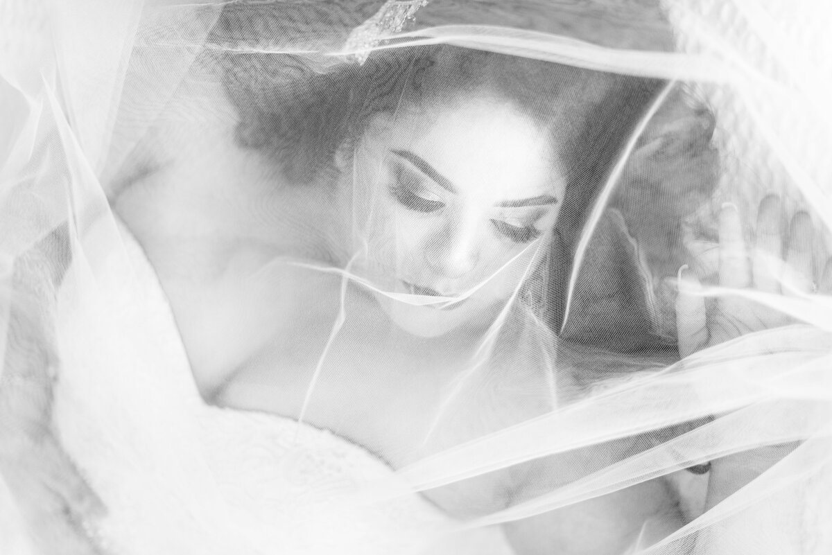 Black and White portrait of a bride through her veil