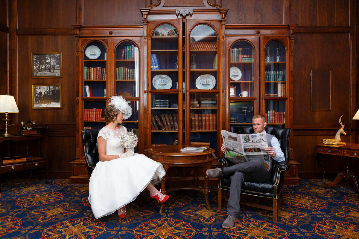 St James Hotel in Red Wing Minnesota has a historic lobby with a beautiful lobby area perfect for wedding photography