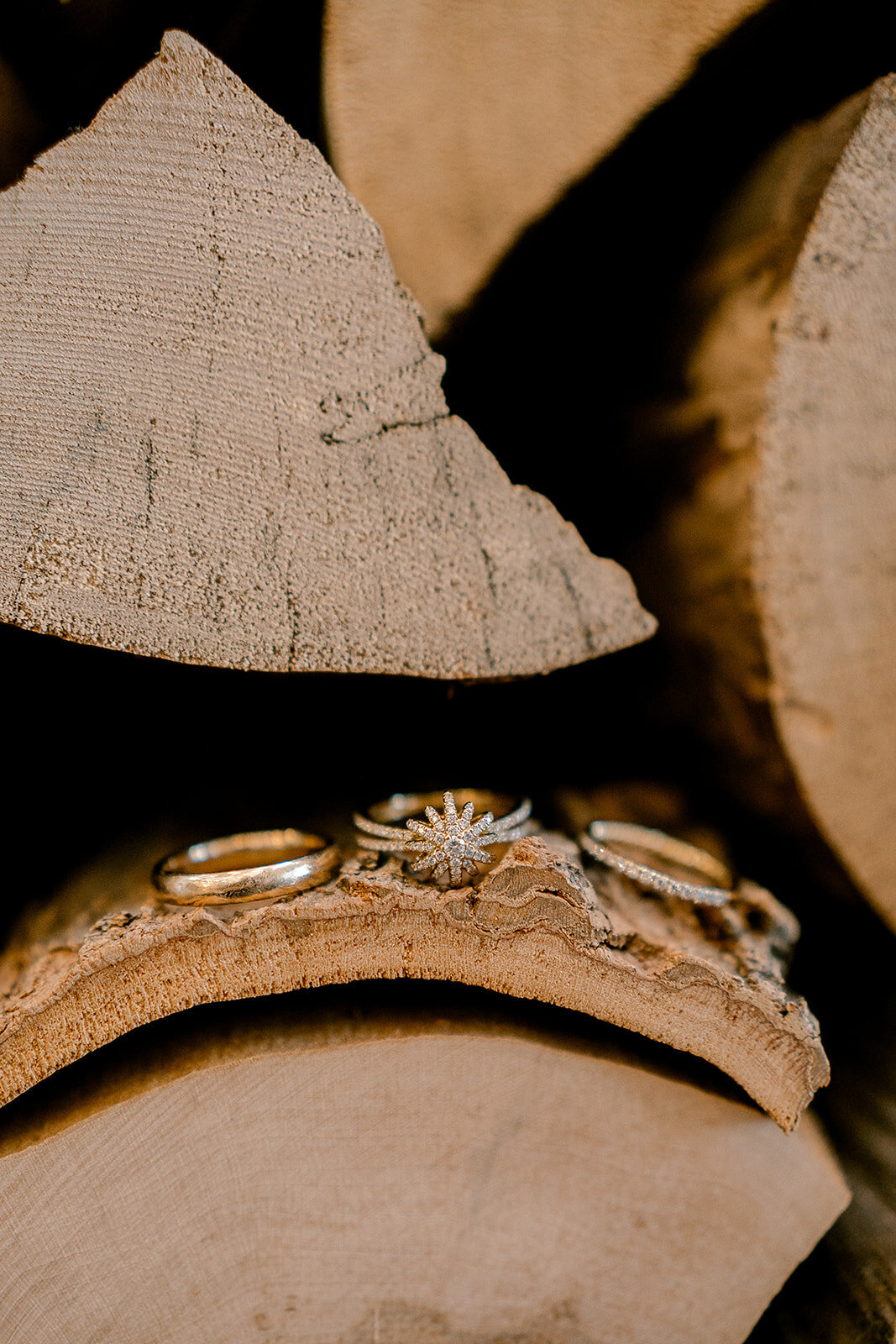 Three wedding rings on a piece of firewood at Pinewood Weddings