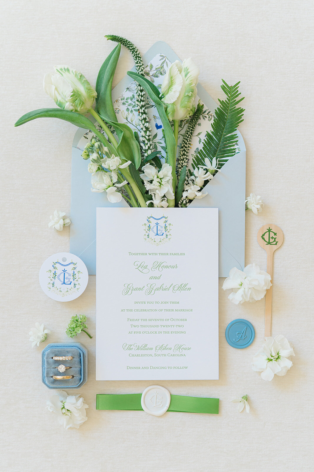 Blue and green spring wedding invitations for William Aiken House wedding. Interior designers fall wedding in Charleston.