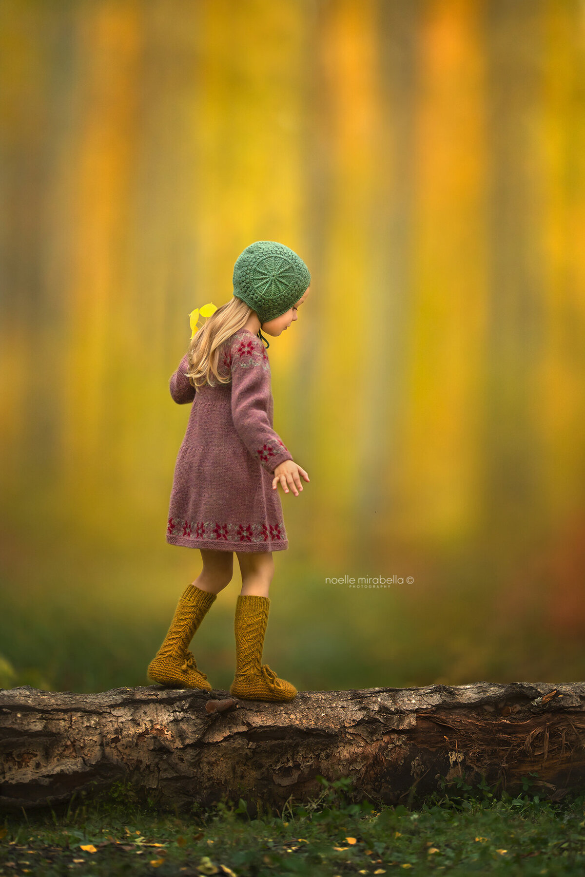 Girl in knit dress walking on a log in autumn.