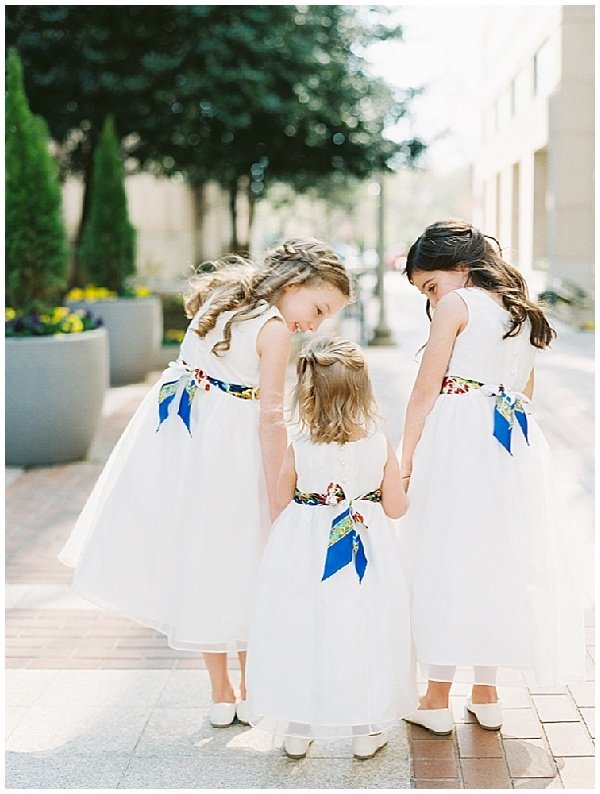 White Flower Girl Dresses with Colorful Sashes © Bonnie Sen Photography