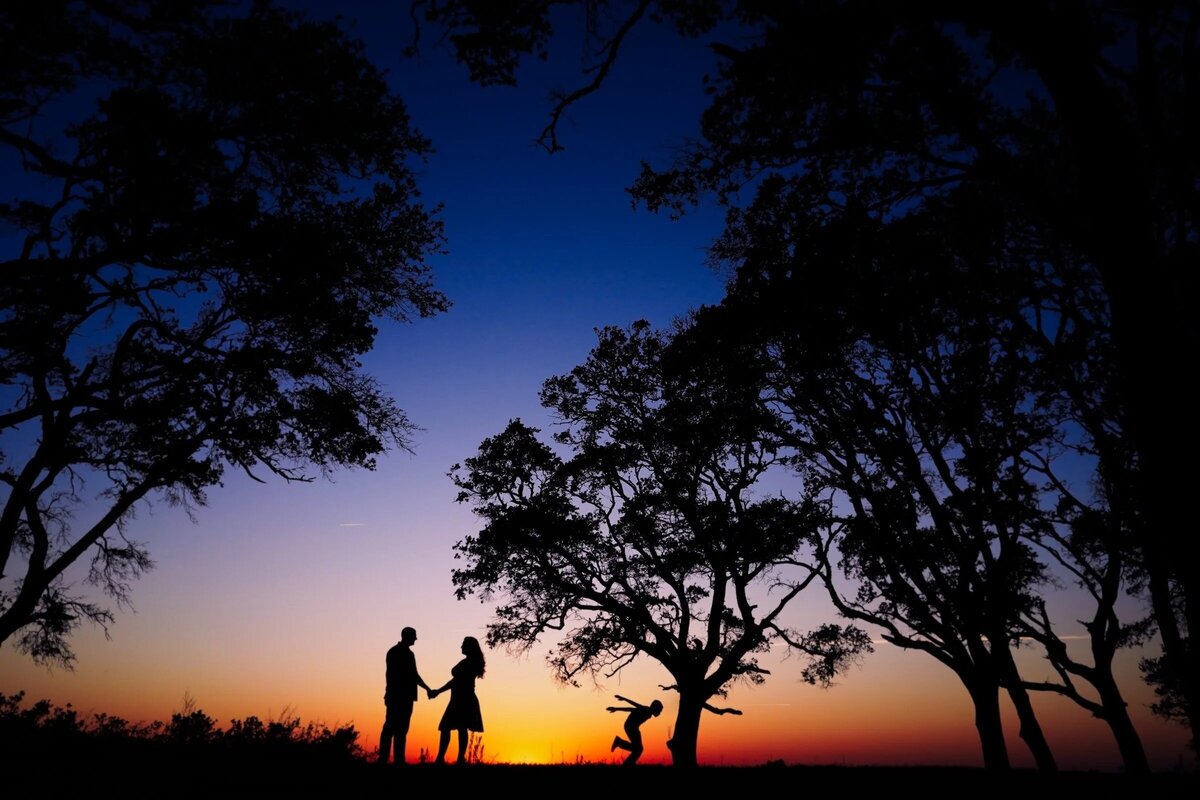 Silhouette of a family with two children playing against a vibrant sunset sky, framed by silhouetted trees