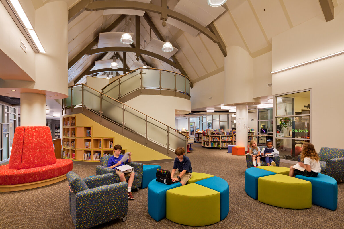 inside the media center at Trinity School with movable furniture and interactive study spaces