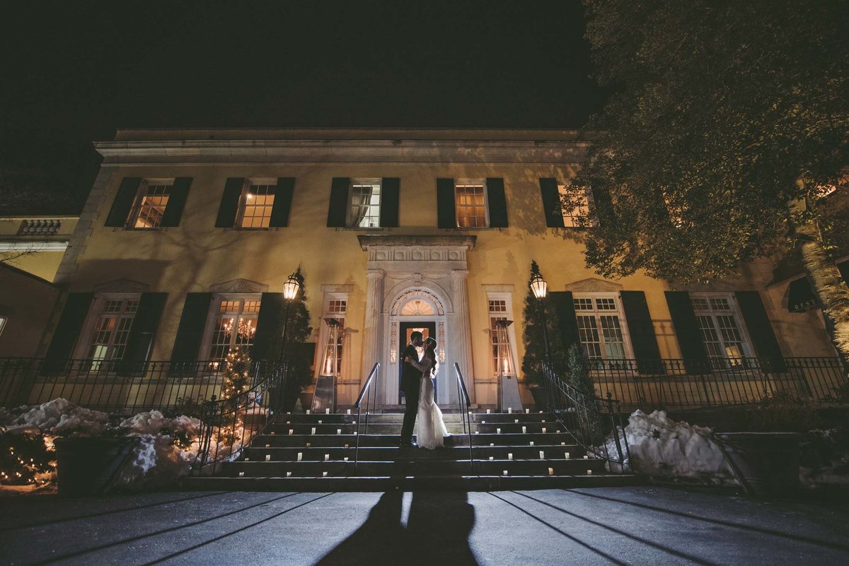 The Mansion at Oyster Bay night wedding photo of bride and groom