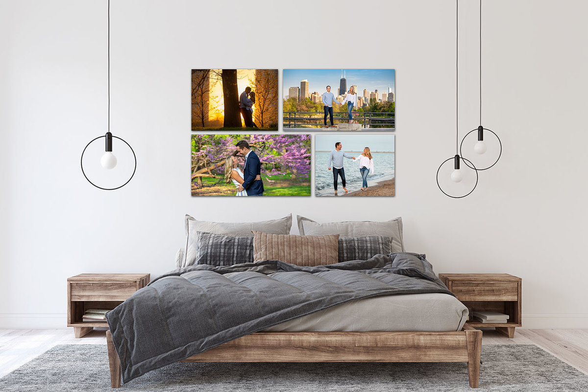 A composite of 4 engagement images in a bedroom.
