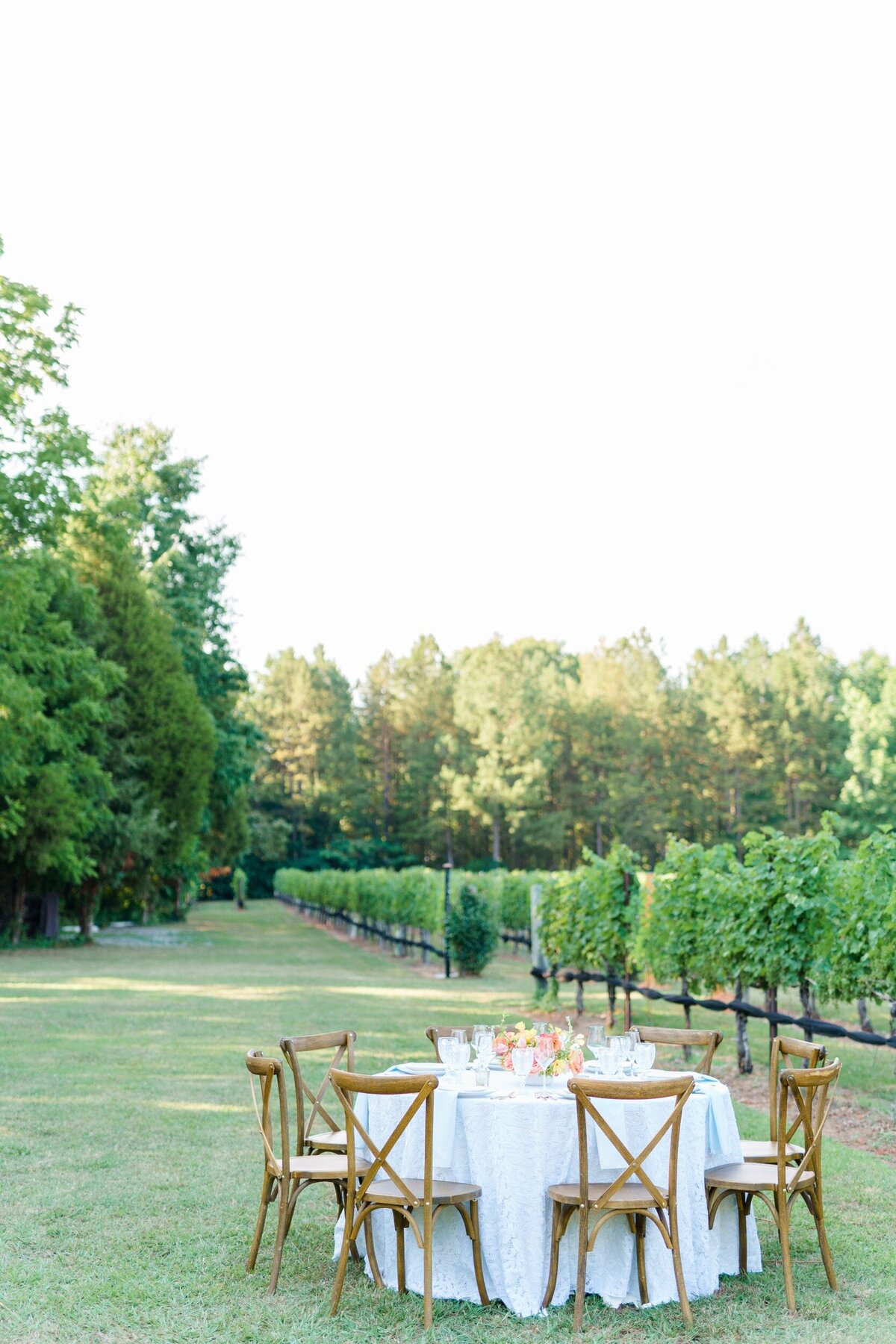 An elegant tablescape in front of a Charlotte area vineyard wedding venue.