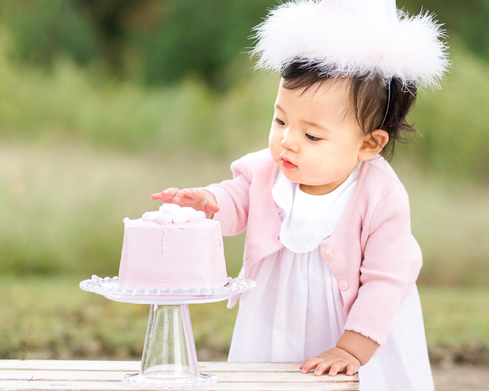 Outdoor cake smash session with little pink cake.