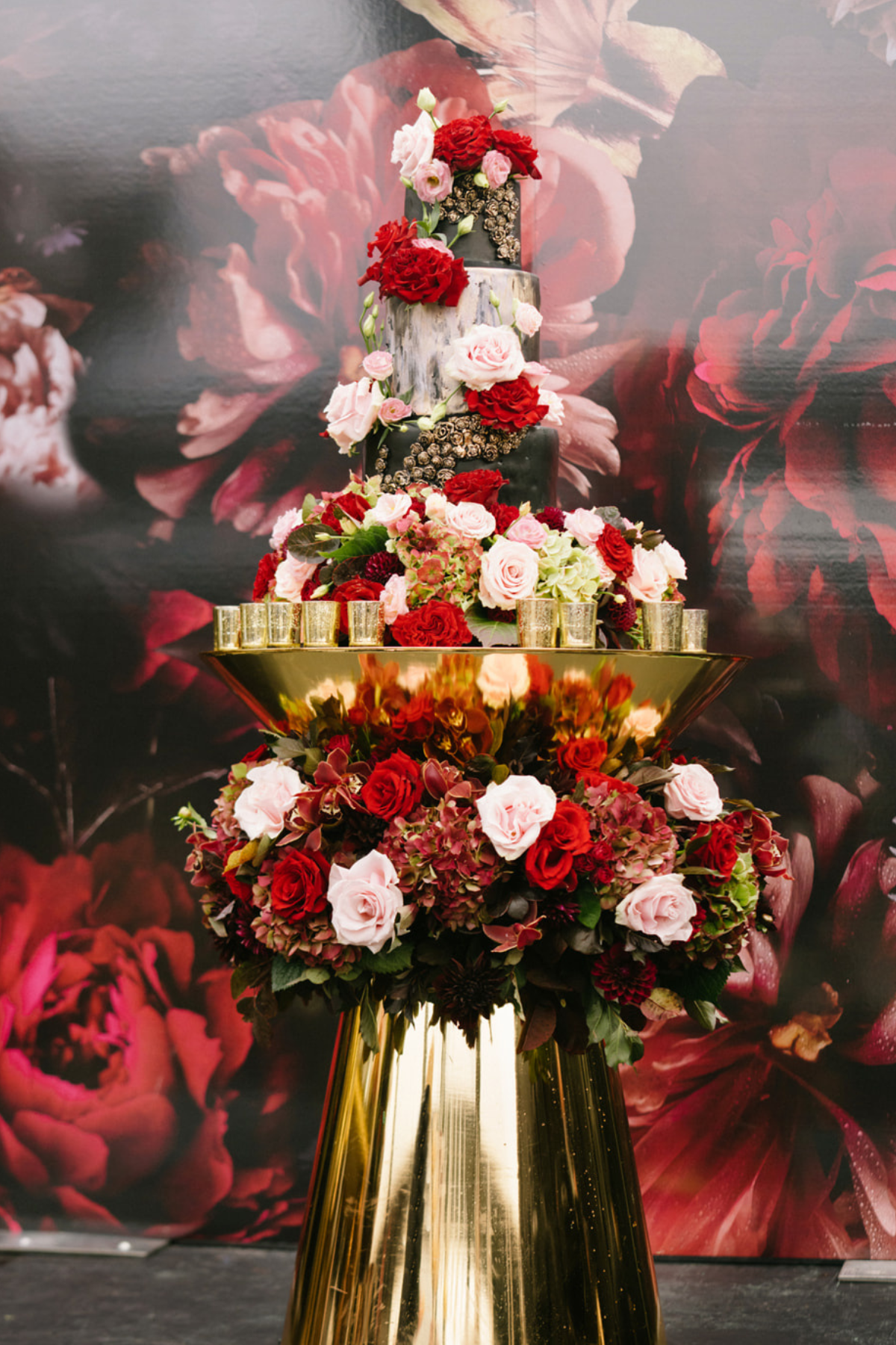 black-gold-burgundy-red-tent-reception-roses-cake-floral-ring