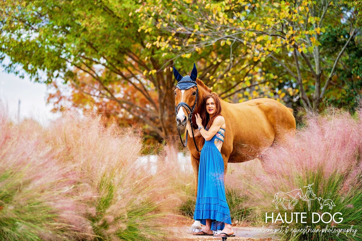 Female equestrian wearing a long blue dress stands with chestnut Irish Sport Horse in tall pink landscaping.
