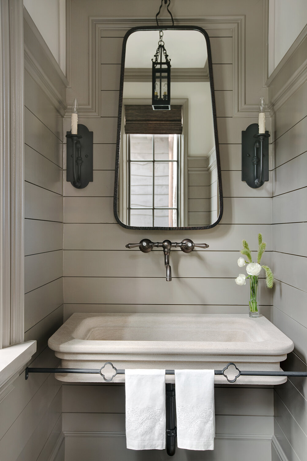 Panageries Residential Interior Design | Traditional Mountain Roost Powder Bath with Mirror and Flowers Mountain Roost | Greenville South Carolina Interior Design by Panageries