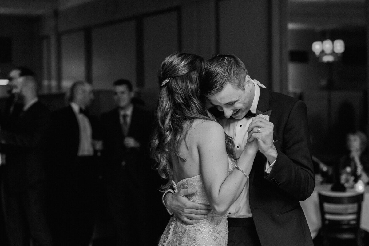 A black and white first dance photo taken at Salvatore's in Chicago