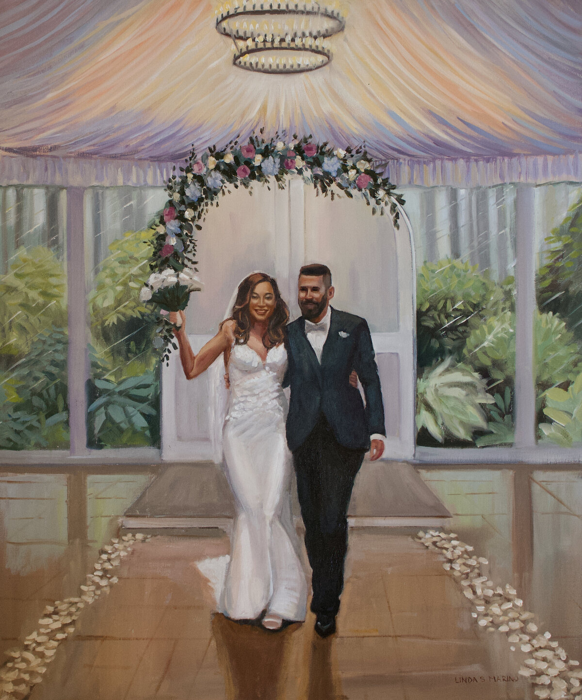 live painting bride and groom exit ceremony under colorful tent