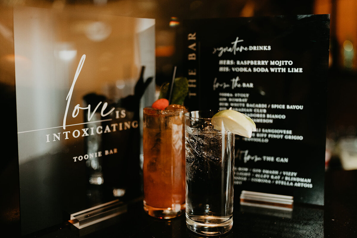 Signature cocktail menu at wedding reception.