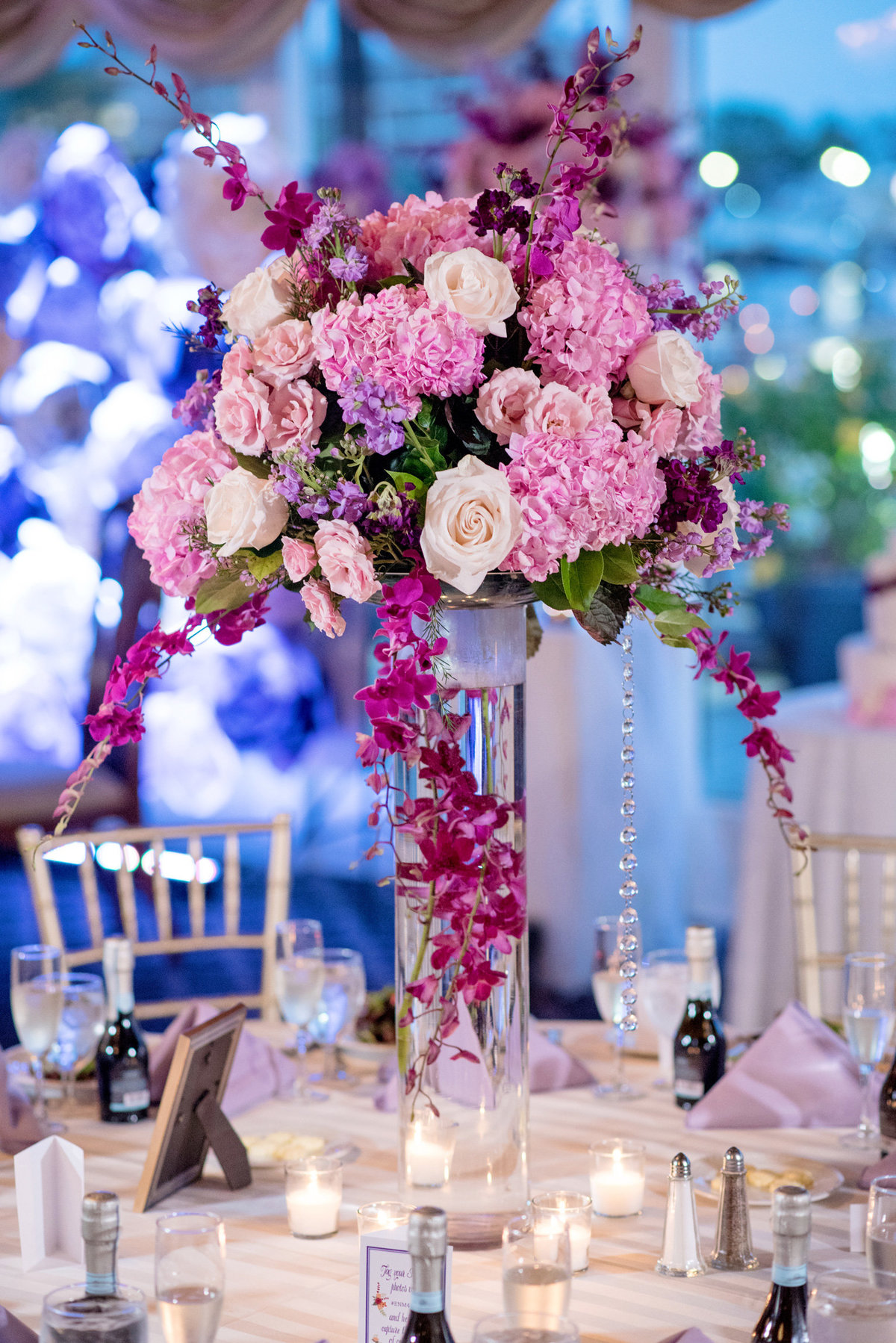 pink and purple centerpiece from Bridgeview Yacht Club