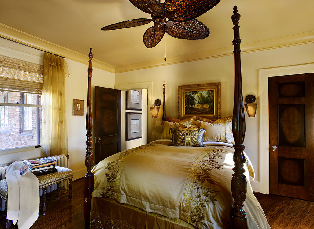 Panageries Residential Interior Design | Tudor Revival Estate Guest Bedroom with Palm Inspiration on the bedding and the fan detail
