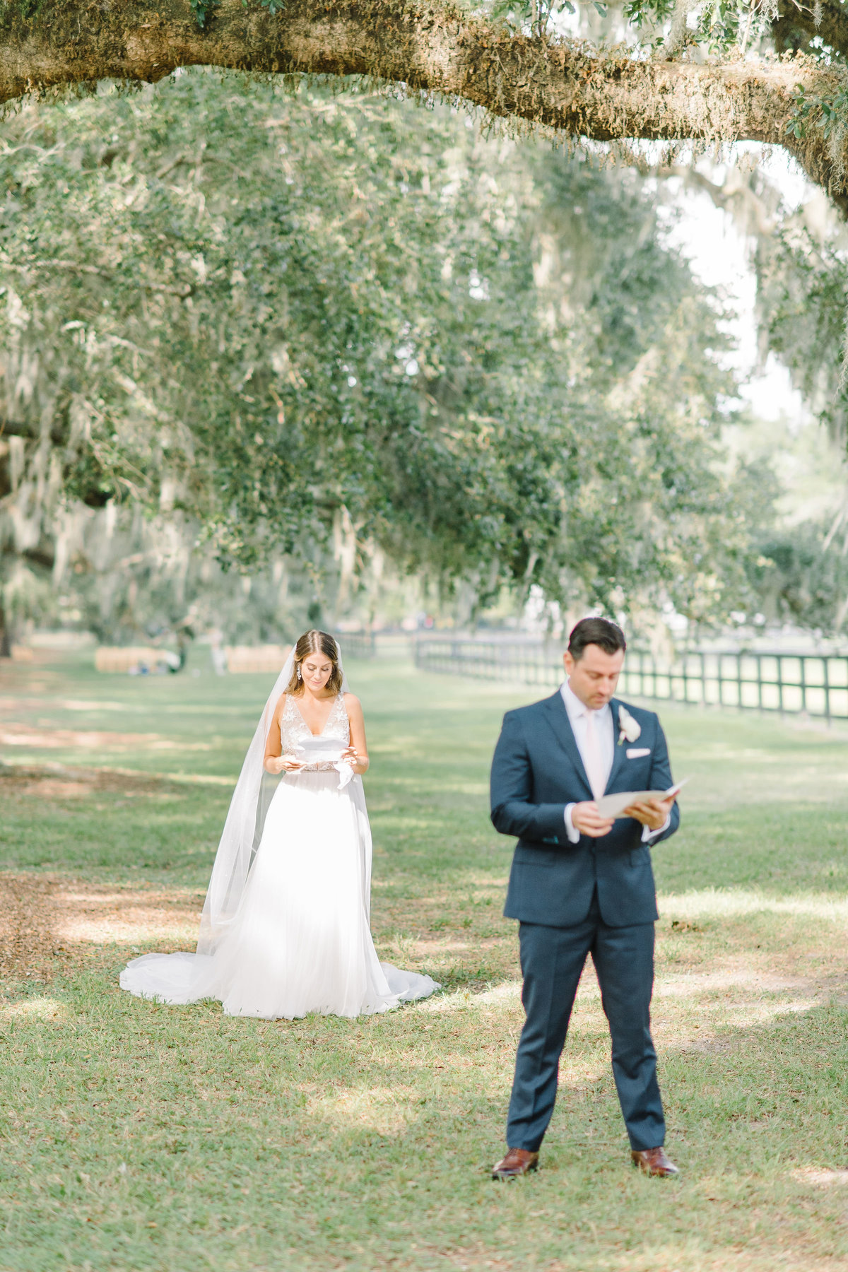 Boone Hall Plantation Bride and Groom Exchanging Notes before First Look