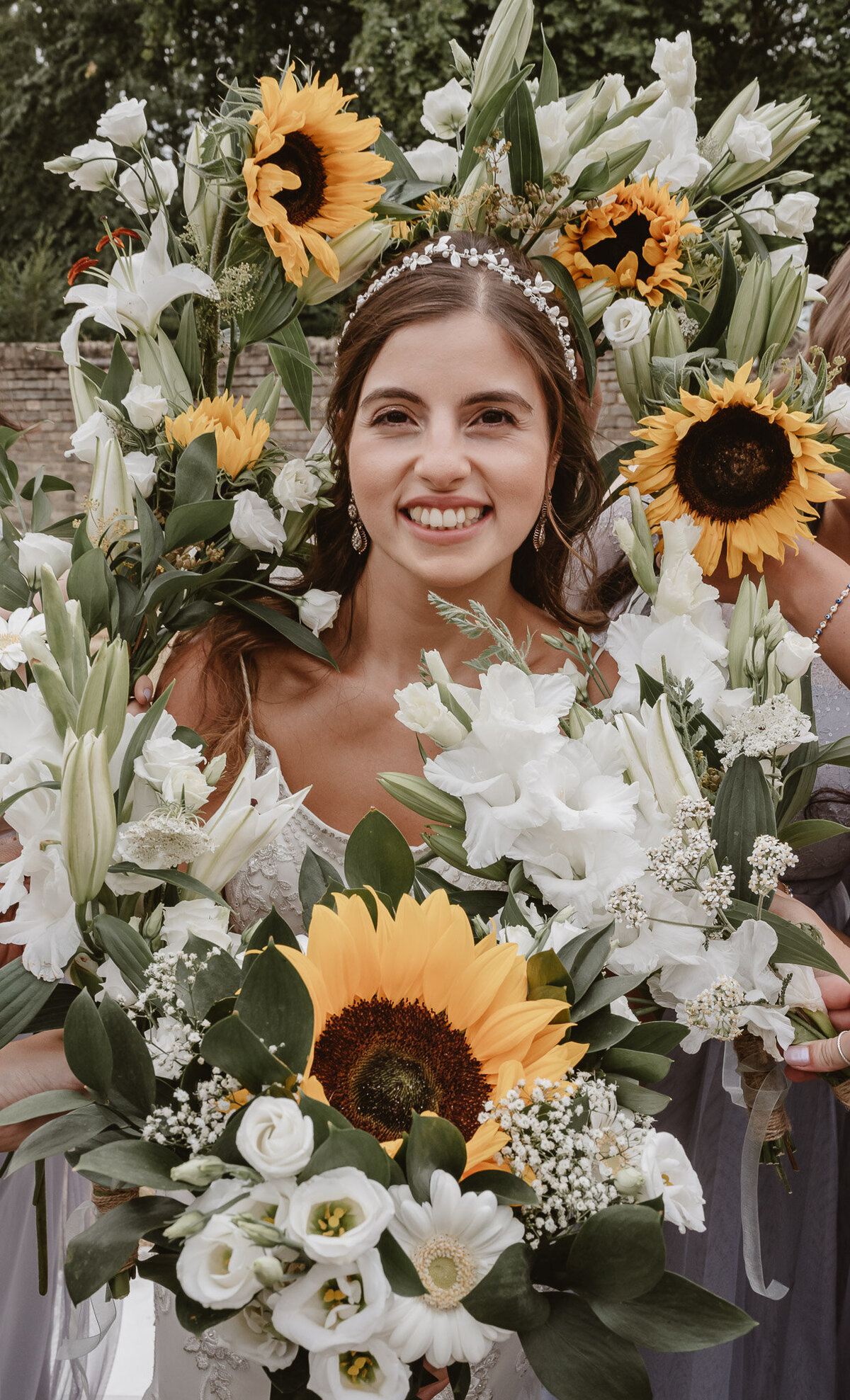 bride with flowers around her face