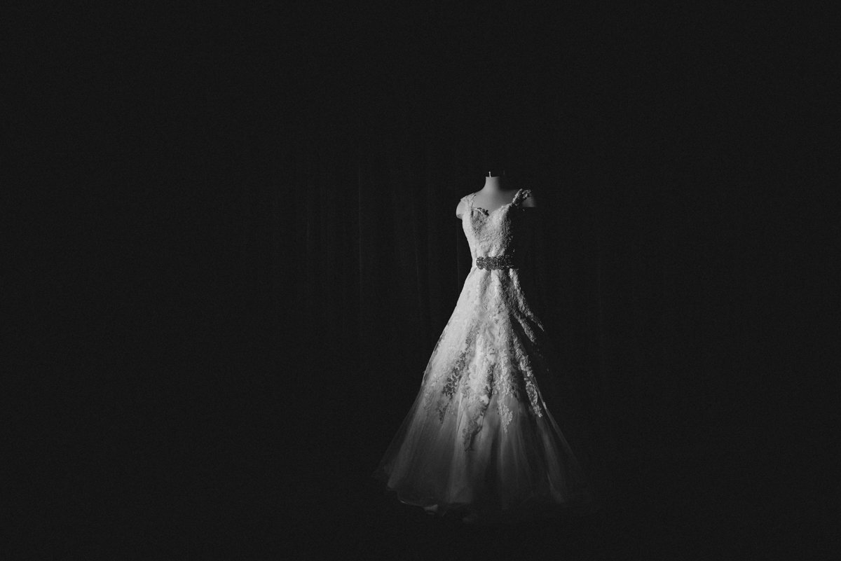 Dramatic Black and white photo of a wedding gown