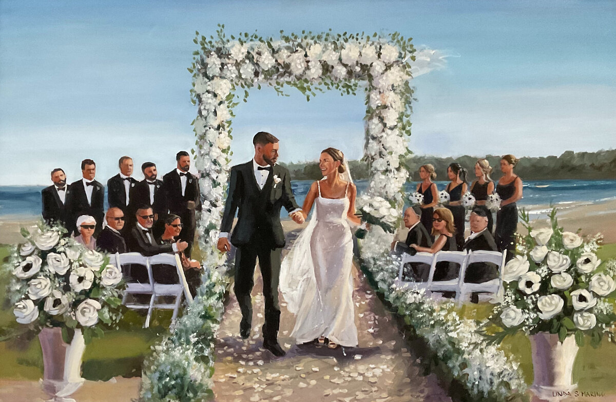 live wedding painting of bride and groom exit ceremony  Newport Beach House, Newport RI