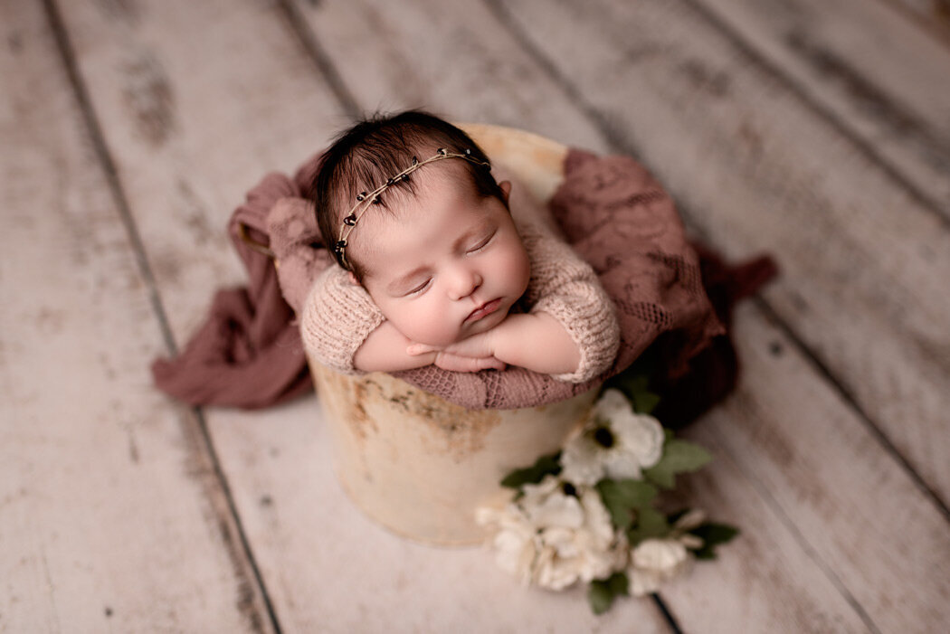 Brighton Newborn Photographer baby in bucket by For The Love Of Photography
