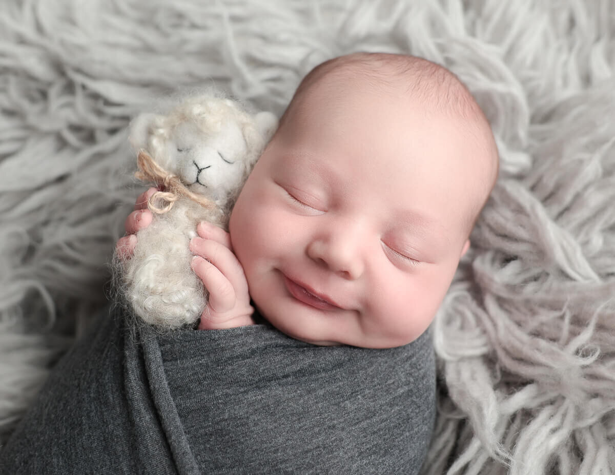 Newborn boy gently cradling a small sheep stuffed animal in a studio setting, captured during a newborn photography session in Rochester, NY.