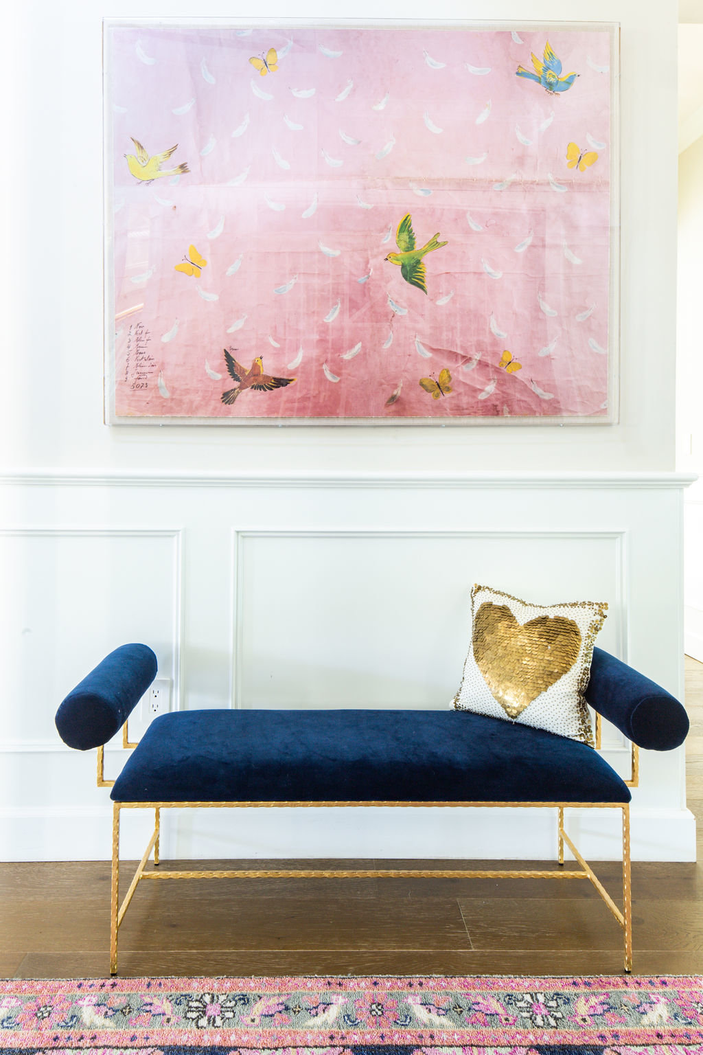 Entry with Worlds Away Miller bench in navy and caitlin Wilson Kismet  rug