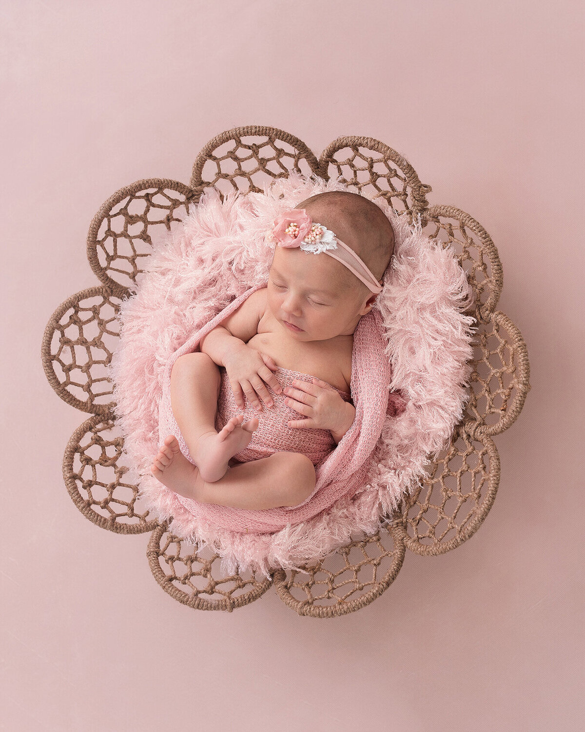Newborn in Pink Furry flower bucket photographed by Laura King Photography