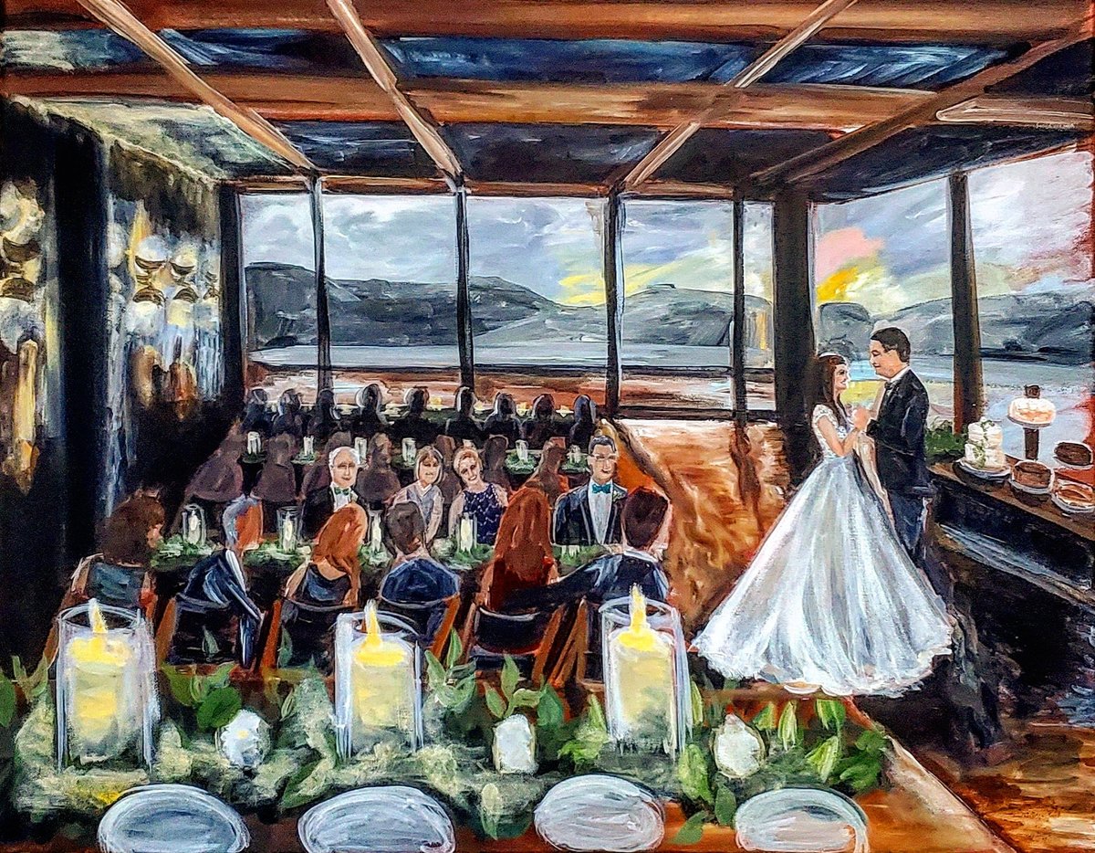 Waterfront sunset live wedding painting at District Winery in Washington, DC. Bride and groom share their first dance in front of guests.