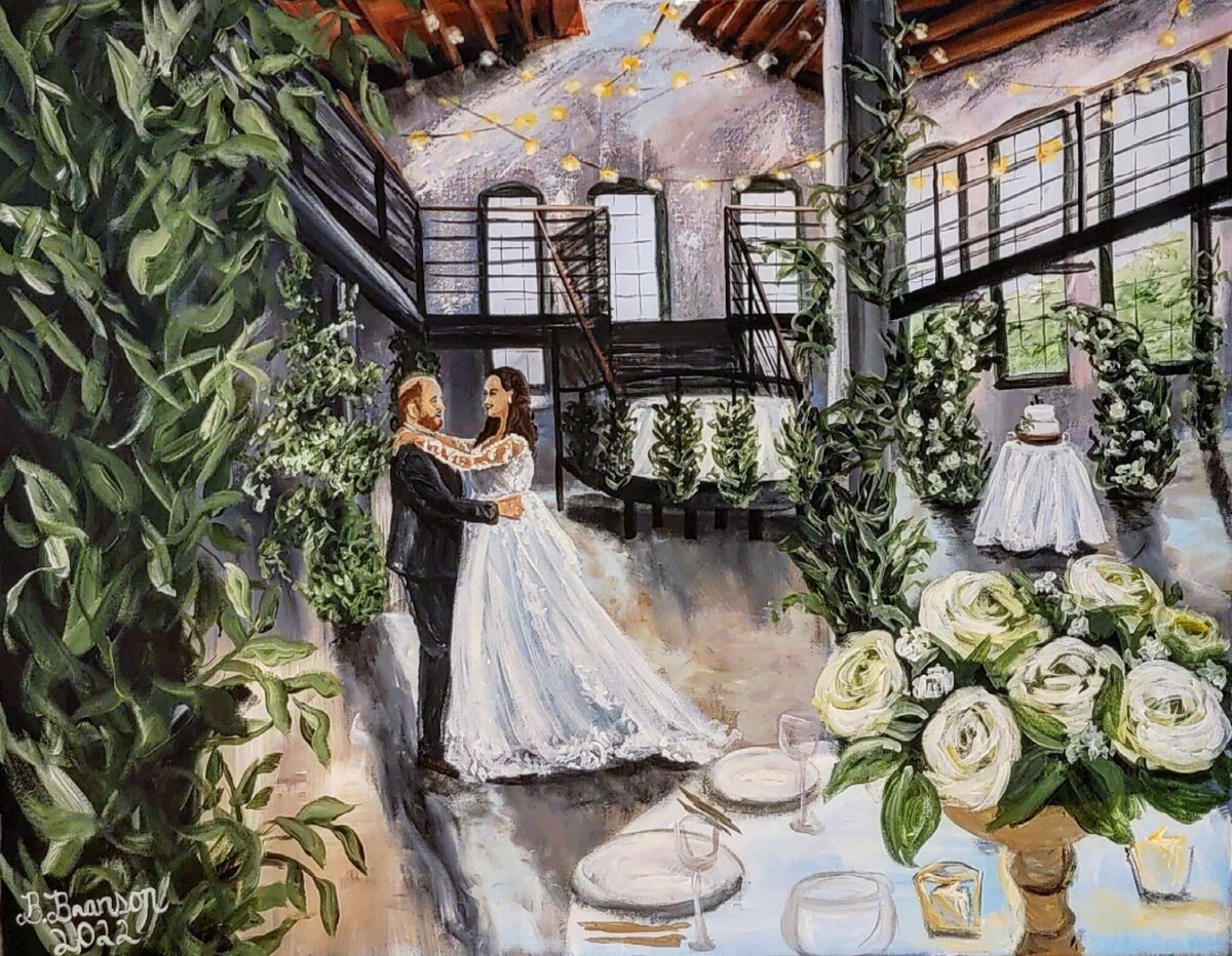 Industrial wedding reception live wedding painting in Baltimore, Maryland. Couple in wedding attire dance on the dance floor.