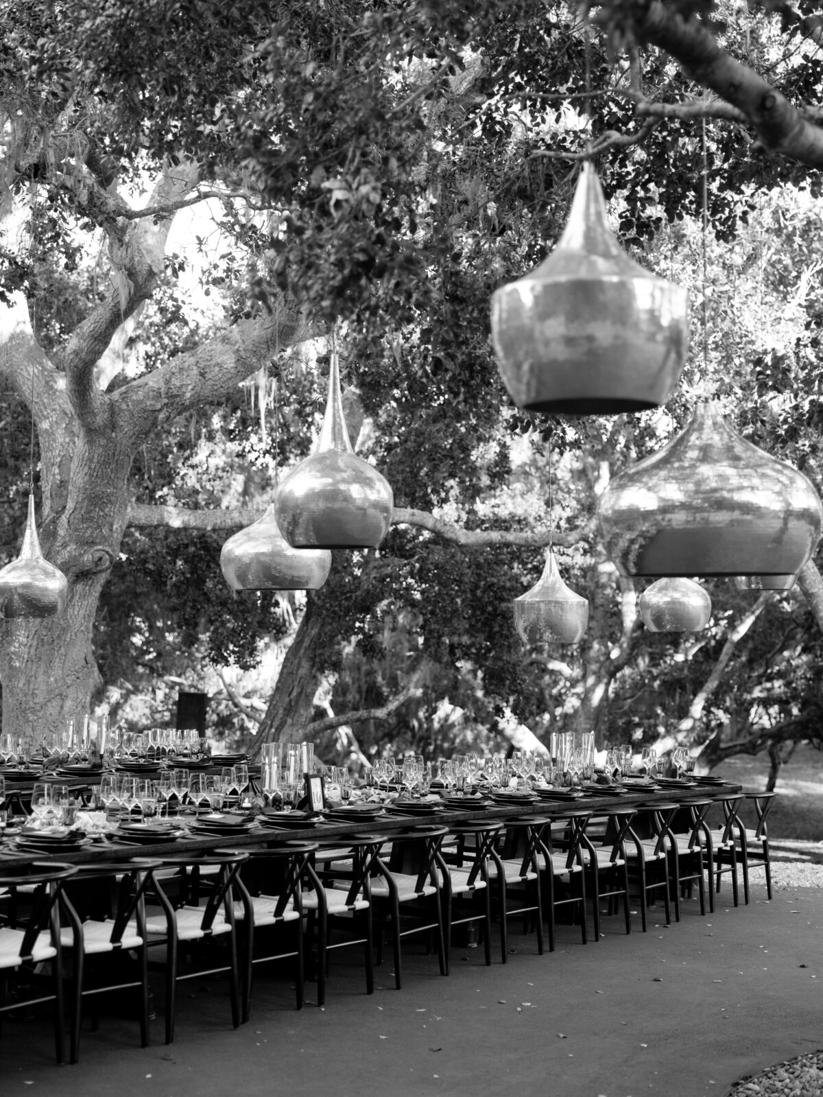 Long Tables with Hanging Lights at  a Wedding  at the Preserve