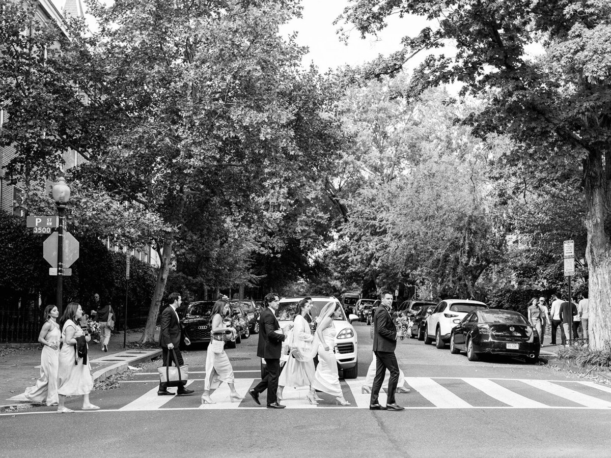 Bridal party walking through georgetown DC